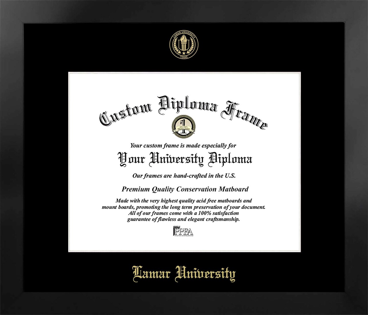 Lamar University 14w x 11h Manhattan Black Single Mat Gold Embossed Diploma Frame with Bonus Campus Images Lithograph (value savings at $59)